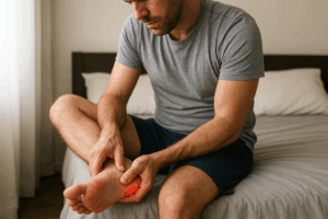 Adult with plantar fasciitis experiencing heel pain during first steps in the morning